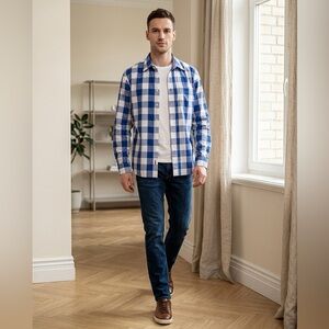 J. Peterman Men’s XXL Plaid Navy and White Striped Shirt Business Casual Cotton